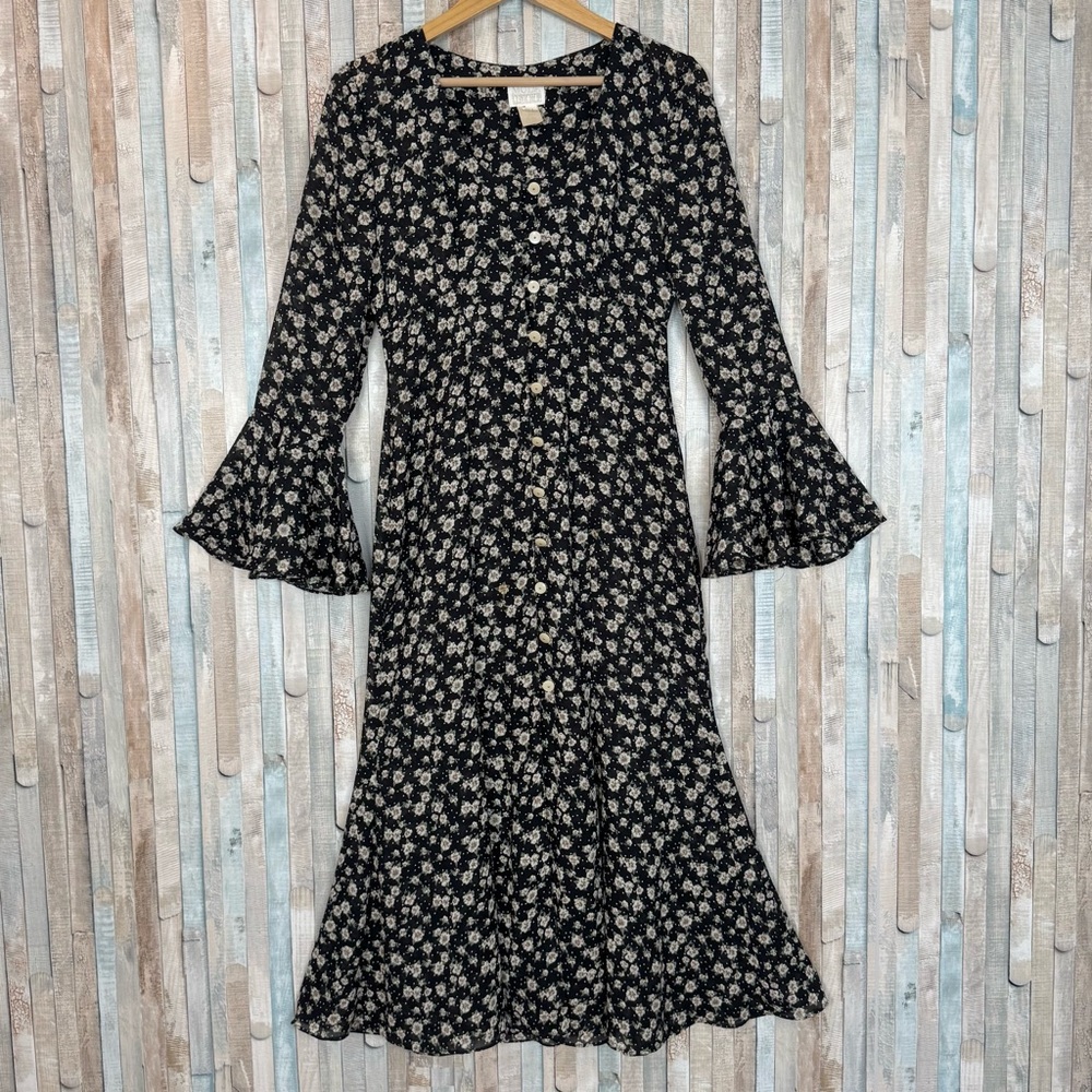 Vintage 90s Bell Sleeve Sheer Floral Button Front Midi Dress Cottagecore Witchy